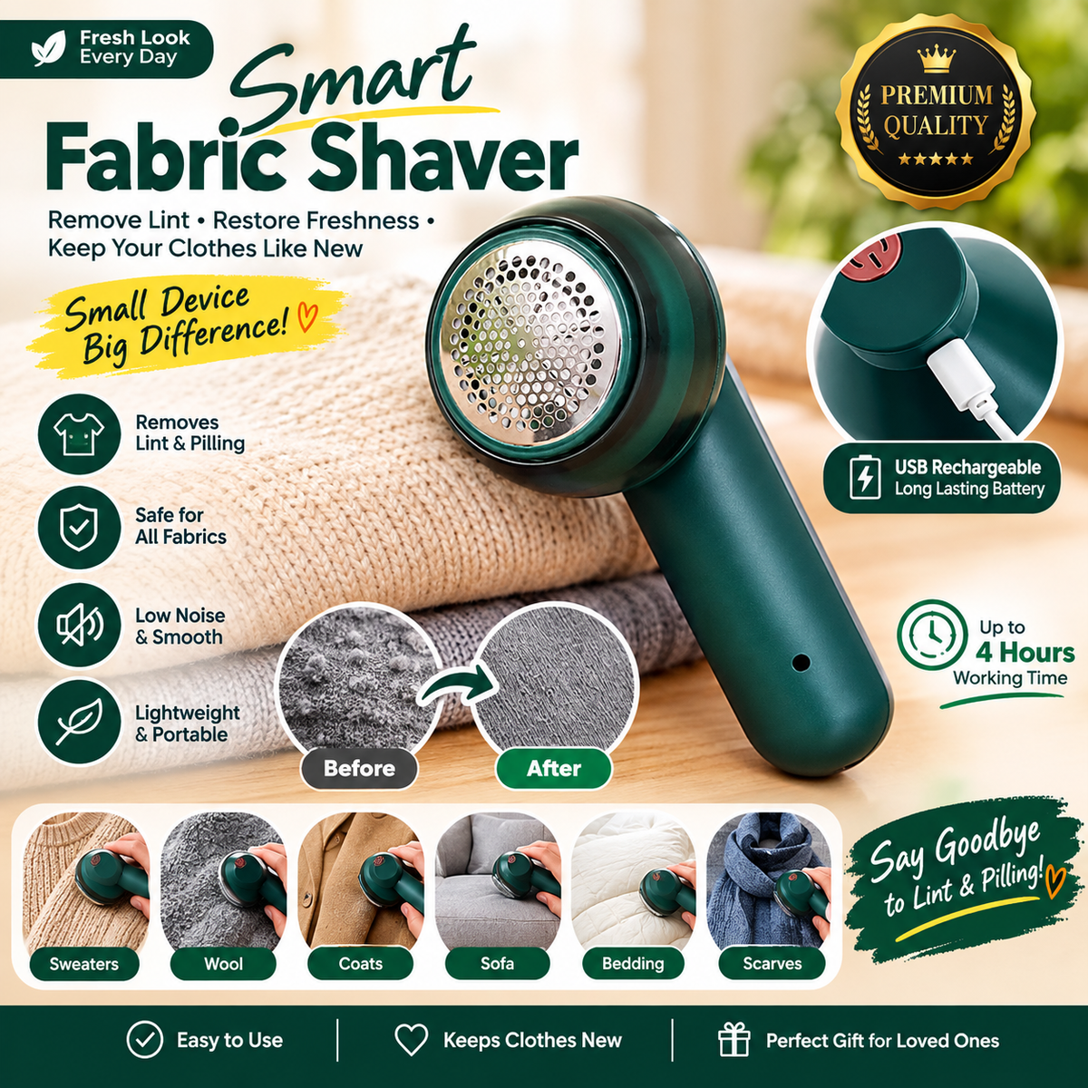 ✨ LuxeFabric™ Electric Lint & Fabric Shaver – Rechargeable Sweater & Clothes Defuzzer