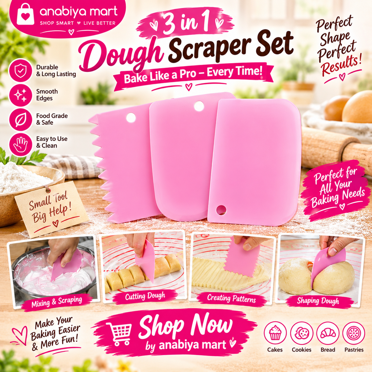 3-in-1 Pink Dough Scraper & Cake Decorating Tool Set