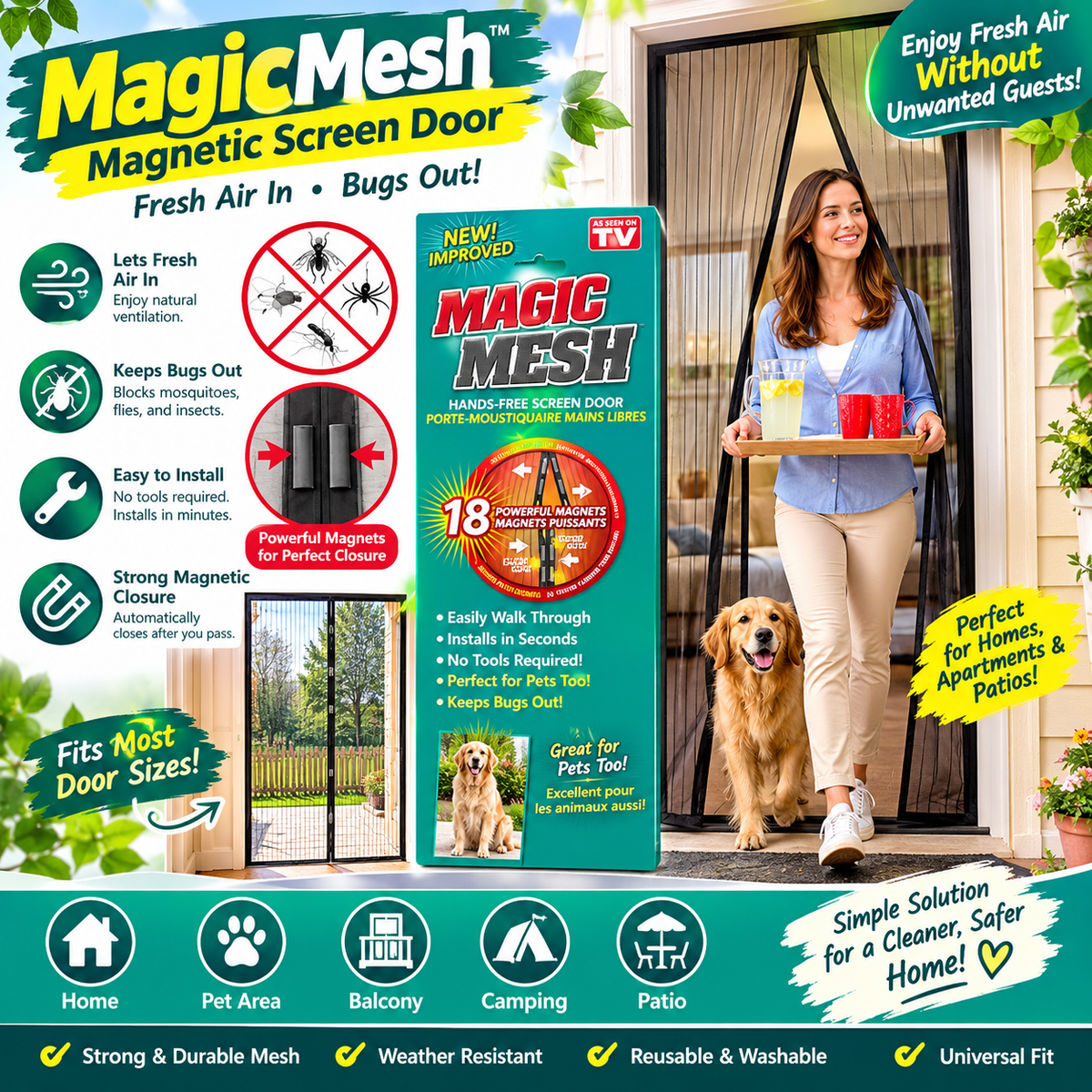 MagicMesh™ Magnetic Screen Door – Hands-Free Insect Protection