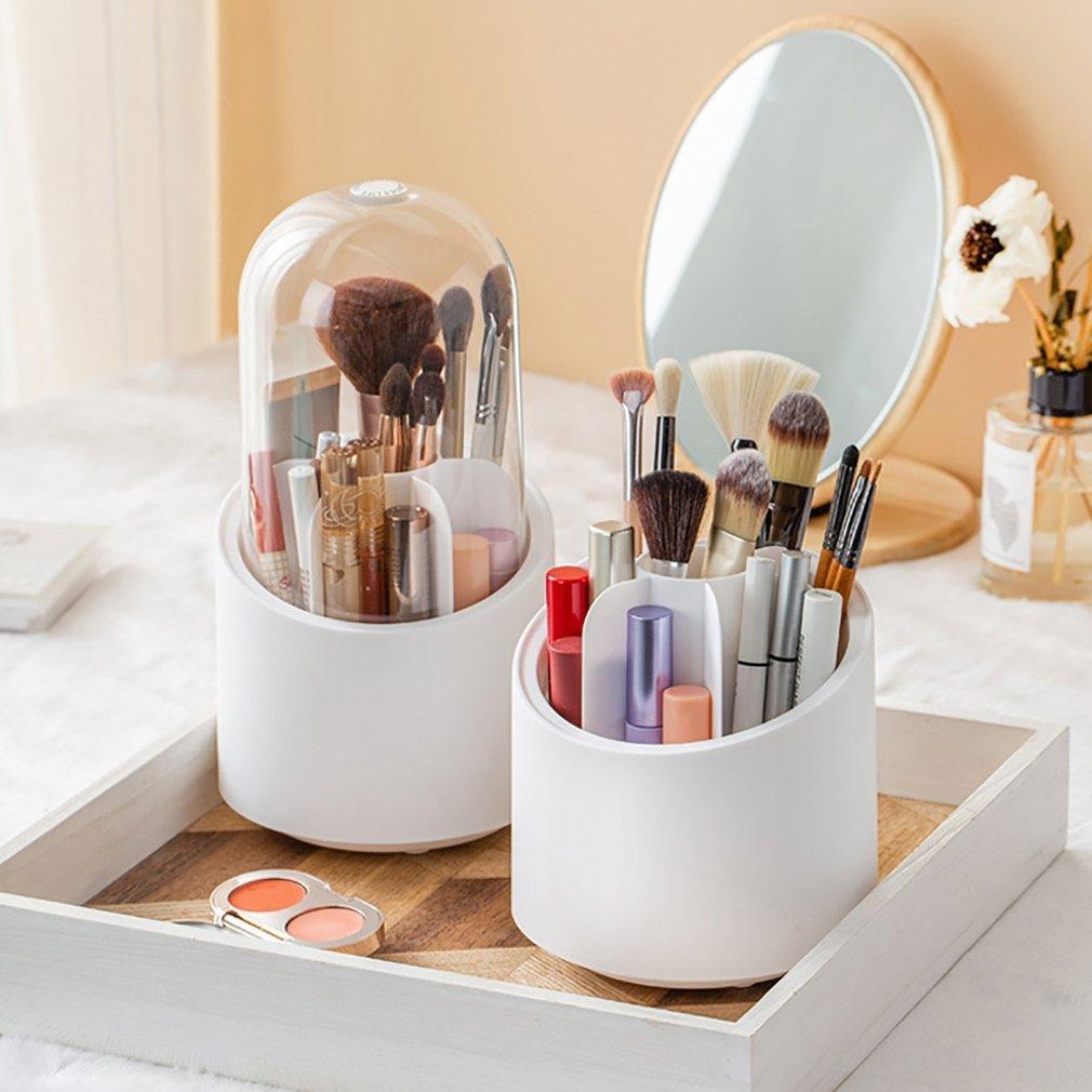 GlowSpin 360° Rotating Makeup Brush Organizer & Dust-Proof Caddy