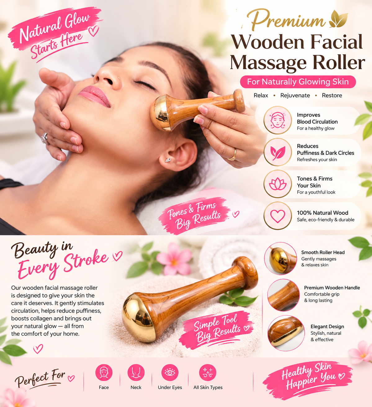 Premium Wooden Facial Massage Roller – Natural Face & Skin Care Tool