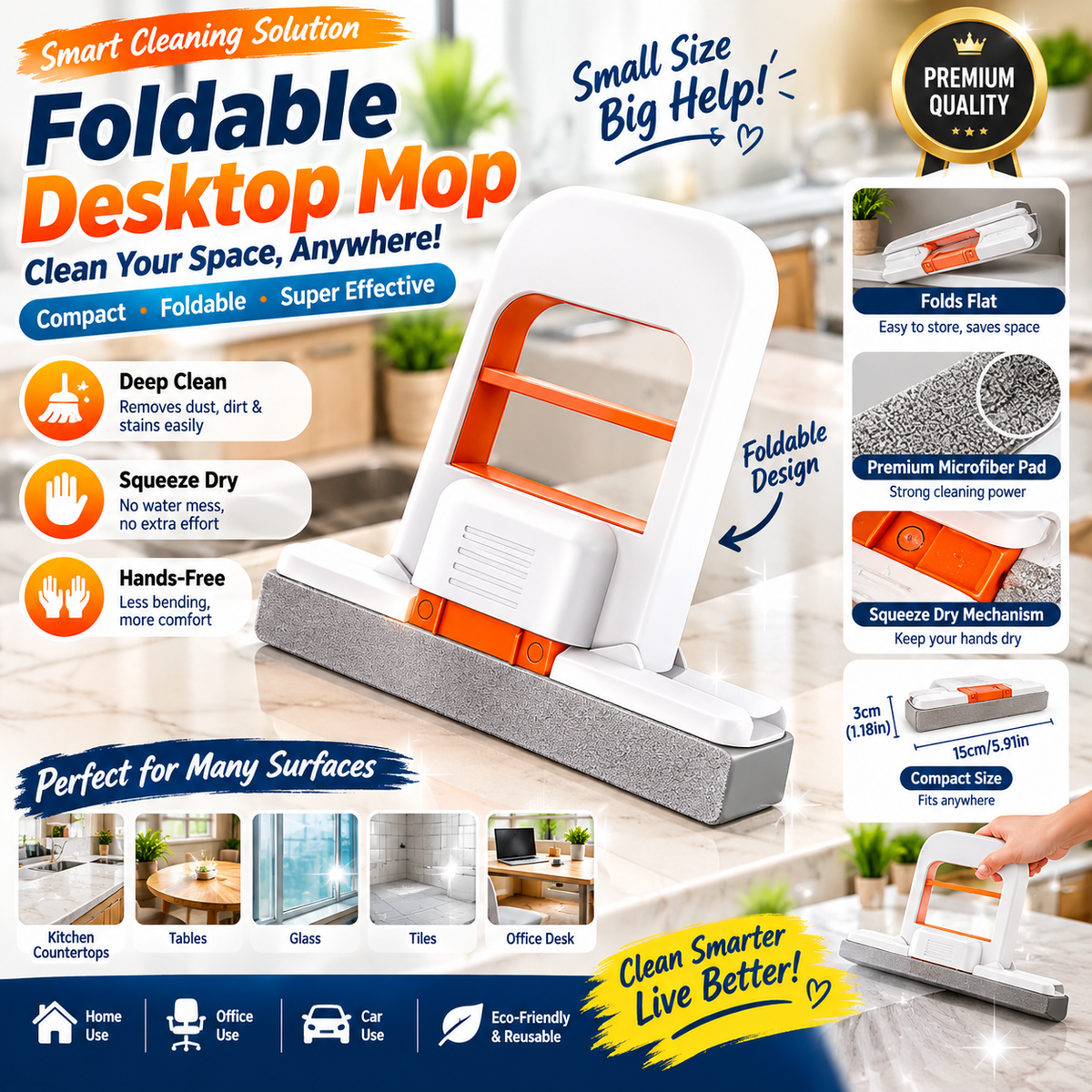 CleanFold™ Mini Foldable Desktop Mop – Hands-Free Squeeze Dry
