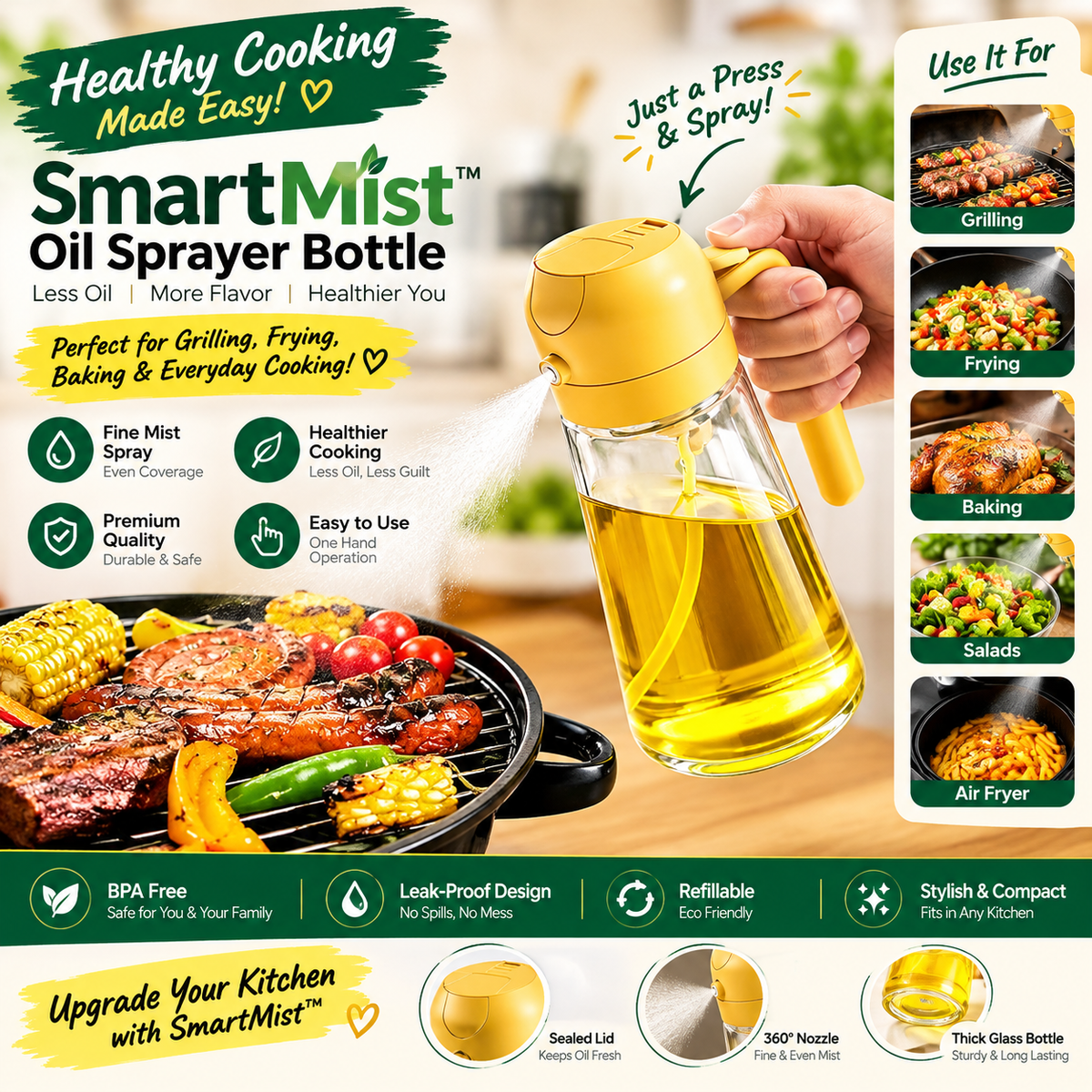SmartMist™ Oil Sprayer Bottle – Refillable Cooking & BBQ Oil Spray