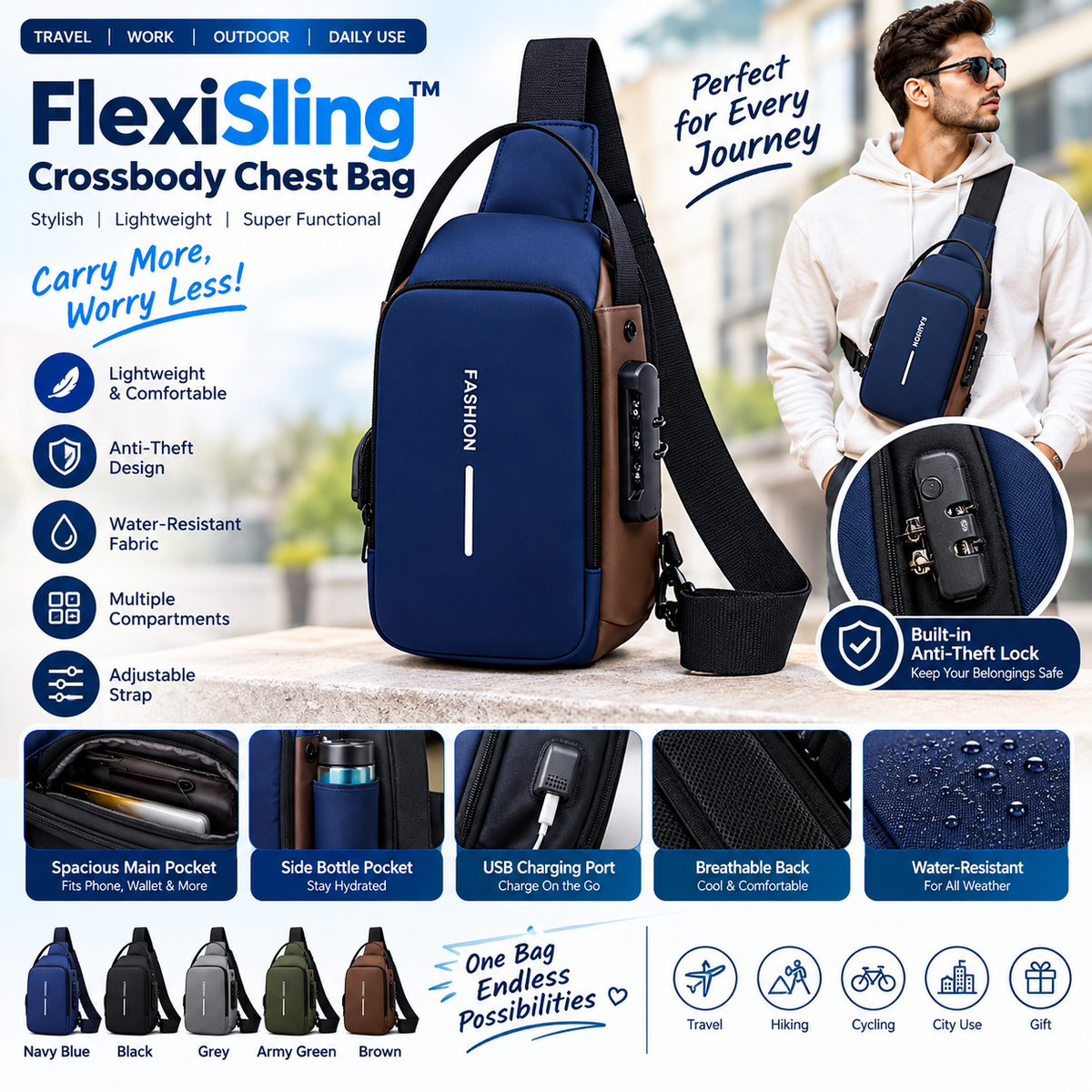 FlexiSling™ Premium Crossbody Chest Bag – Stylish Travel & Everyday Shoulder Backpack
