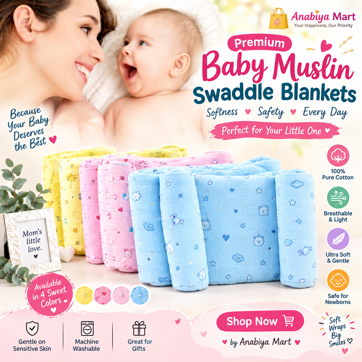 Product Name: 🌸 Premium Baby Muslin Swaddle Blankets – Soft & Breathable
