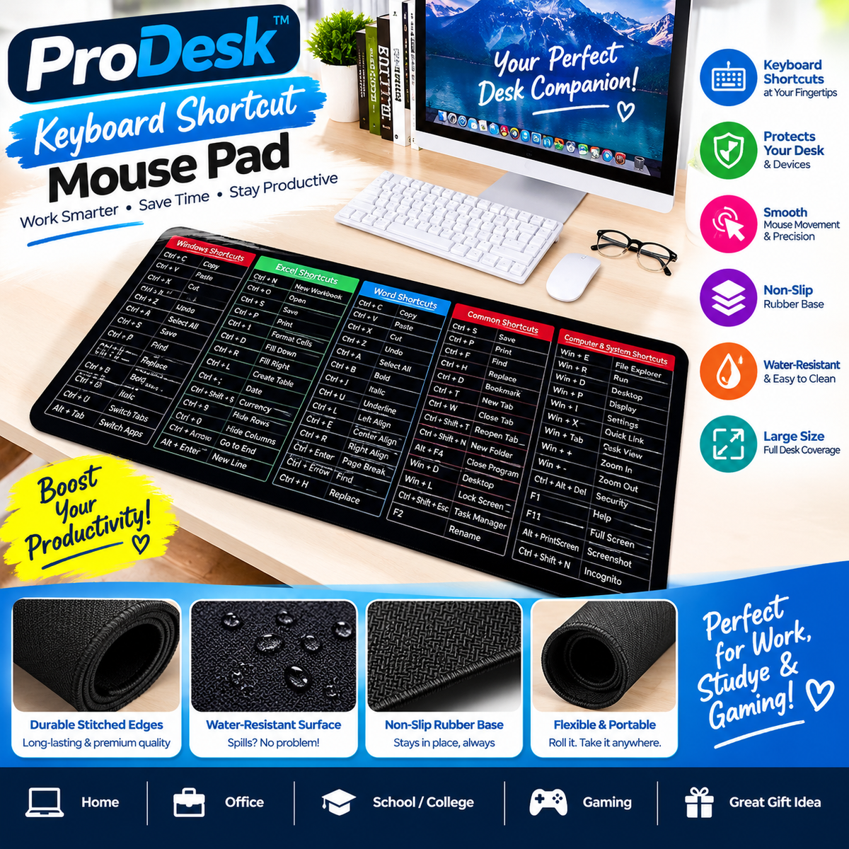 ProDesk™ Keyboard Shortcut Mouse Pad – Large Desk Mat