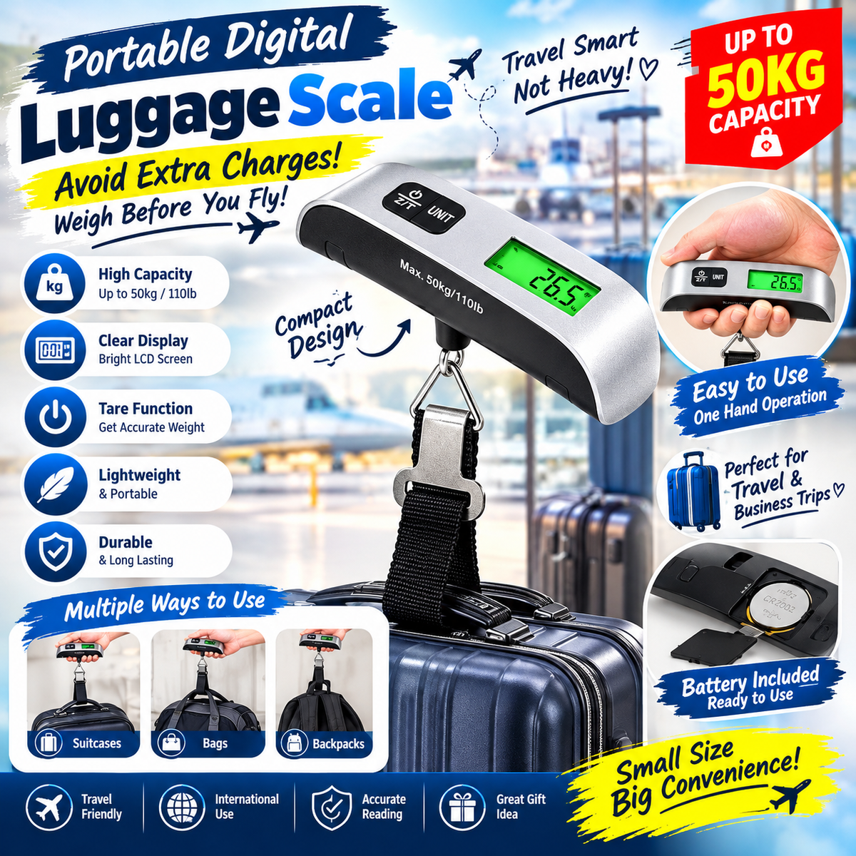 TravelPro Digital Luggage Scale – 50kg Portable Bag Weighing Scale