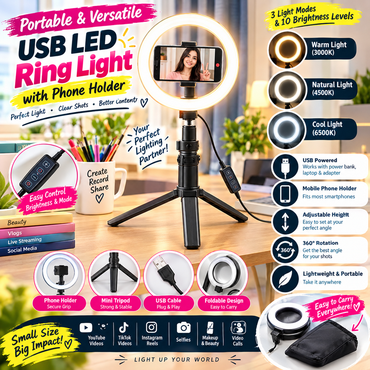 GlowPro K316 360° Live Streaming Ring Light & Dual Phone Holder