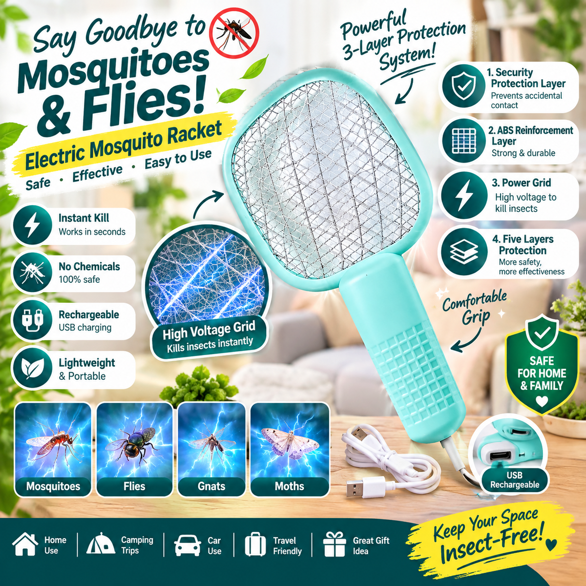 Mosquito Killer Racket – Powerful Electric Insect Zapper
