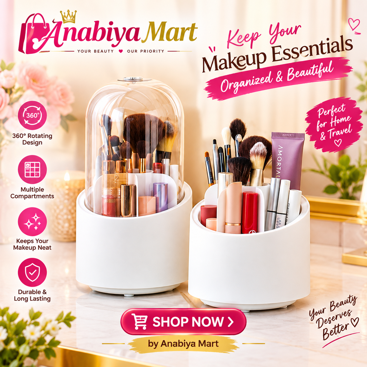 GlowSpin 360° Rotating Makeup Brush Organizer & Dust-Proof Caddy