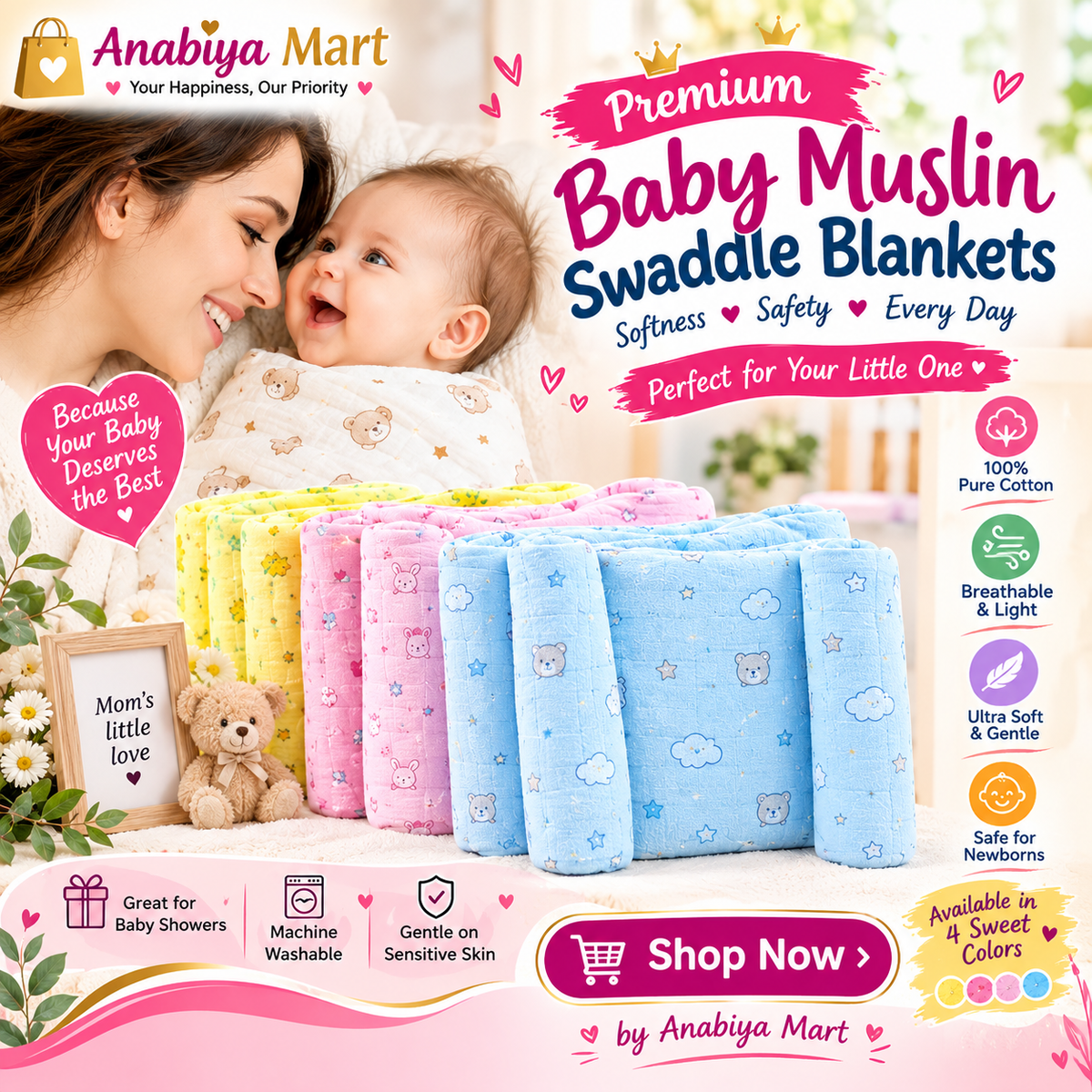 Product Name: 🌸 Premium Baby Muslin Swaddle Blankets – Soft & Breathable