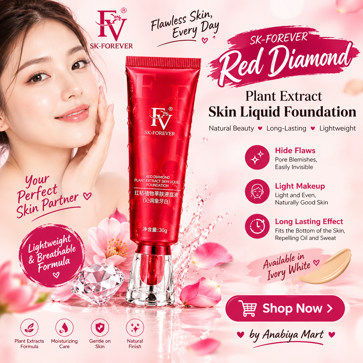 Product Name: 💎 SK-FOREVER Red Diamond Plant Extract Liquid Foundation – Smooth Natural Finish