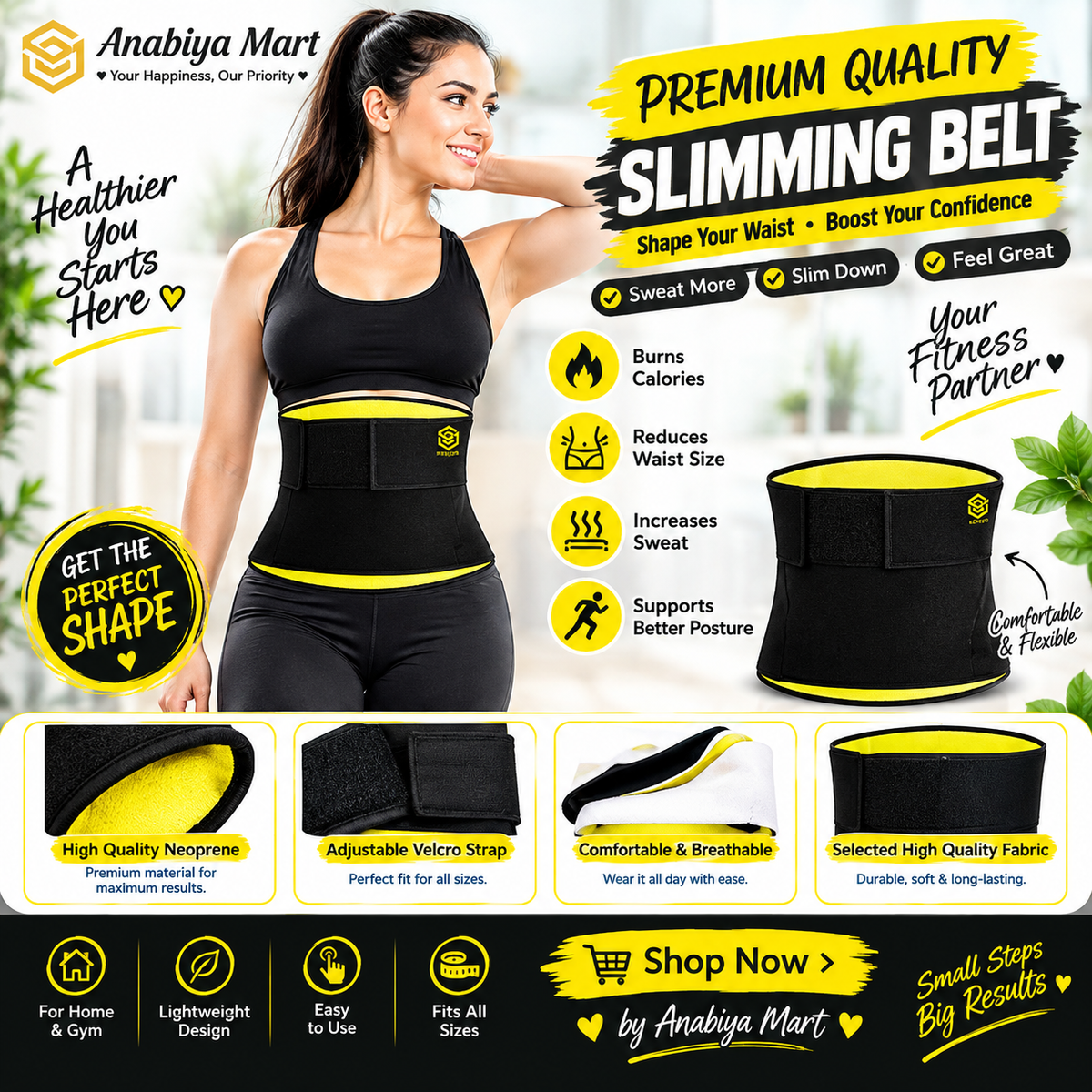 Premium Adjustable Neoprene Waist Support Belt – Black & Yellow