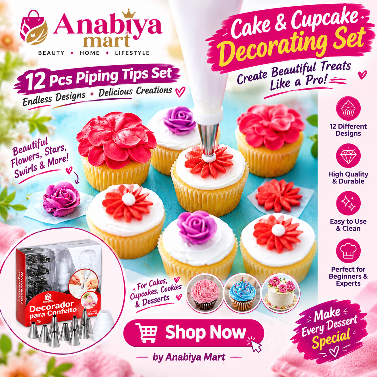 Professional 12-Piece Cake & Cupcake Decorating Piping Tips Set