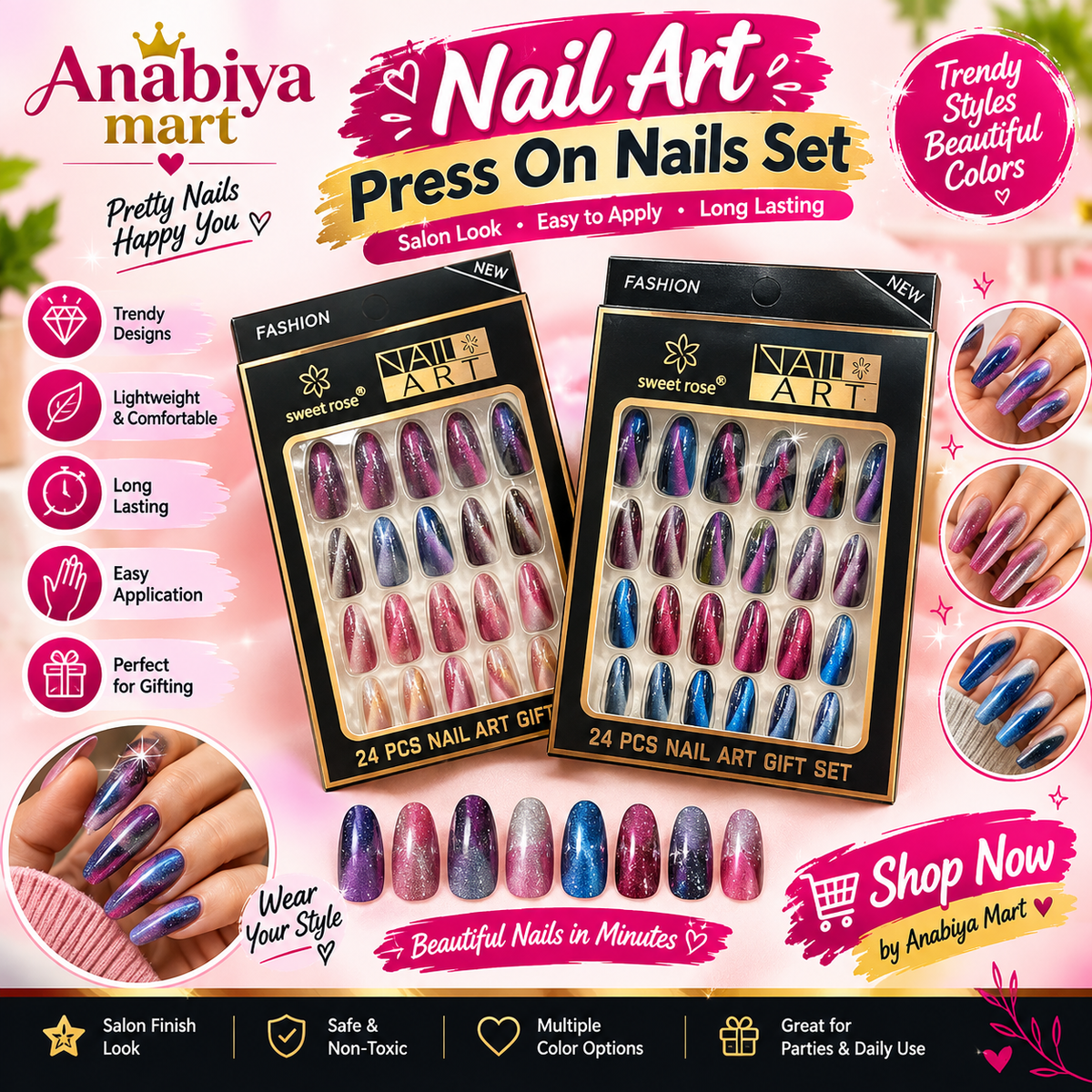 24-Piece Press-On Nail Art Set – Stylish Glossy & Glitter Nail Tips